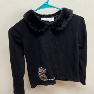 Greendog Faux-Fur Collar Cardigan with Leopard Patch Y2K cat lady crop sweater